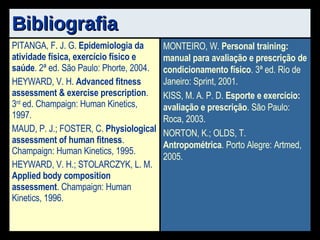 Bibliografia MONTEIRO, W.  Personal training: manual para avaliação e prescrição de condicionamento físico . 3ª ed. Rio de Janeiro: Sprint, 2001. KISS, M. A. P. D.  Esporte e exercício: avaliação e prescrição . São Paulo: Roca, 2003. NORTON, K.; OLDS, T.  Antropométrica . Porto Alegre: Artmed, 2005. PITANGA, F. J. G.  Epidemiologia da atividade física, exercício físico e saúde . 2ª ed. São Paulo: Phorte, 2004. HEYWARD, V. H.  Advanced fitness assessment & exercise prescription . 3 rd  ed. Champaign: Human Kinetics, 1997. MAUD, P. J.; FOSTER, C.  Physiological assessment of human fitness . Champaign: Human Kinetics, 1995. HEYWARD, V. H.; STOLARCZYK, L. M.  Applied body composition assessment . Champaign: Human Kinetics, 1996. 