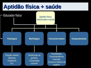Aptidão física + saúde Educador físico Aptidão física relacionada à saúde Fisiológica Morfológica Funcional-motora Comportamental Pressão arterial; Glicemia; Colesterol; Etc. Distribuição de gordura ; Composição corporal. Flexibilidade; Força/resistência muscular; Consumo máximo de oxigênio. 