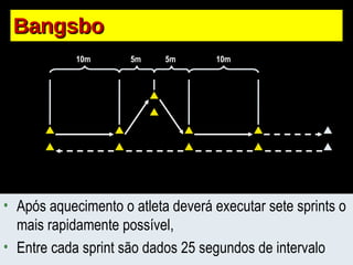 Bangsbo 10m 10m 5m 5m Após aquecimento o atleta deverá executar sete sprints o mais rapidamente possível, Entre cada sprint são dados 25 segundos de intervalo 