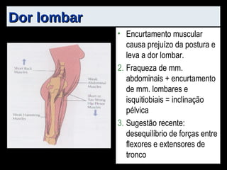 Dor lombar Encurtamento muscular causa prejuízo da postura e leva a dor lombar. Fraqueza de mm. abdominais + encurtamento de mm. lombares e isquitiobiais = inclinação pélvica Sugestão recente: desequilíbrio de forças entre flexores e extensores de tronco 