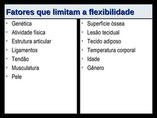 Genética Atividade física Estrutura articular Ligamentos Tendão Musculatura Pele Superfície óssea  Lesão tecidual Tecido adiposo Temperatura corporal Idade Gênero Fatores que limitam a flexibilidade 