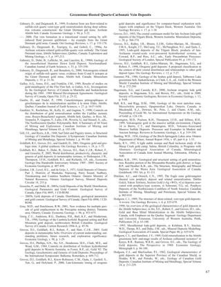 Greenstone-Hosted Quartz-Carbonate Vein Deposits

Gaboury, D., and Daigneault, R., 1999, Evolution from sea floor-related to            gold deposits and significance for computer-based exploration tech-
     sulfide-rich quartz veint-type gold mineralization during deep subma-            niques with emphasis on the Yilgarn block, Western Australia: Ore
     rine volcanic construction: the Géant Dormant gld mine, Archean                  Geology Reviews, v. 17, p. 1-38.
     Abitibi belt, Canada: Economic Geology, v. 94, p. 3-22.                      Groves, D.J., 1993, The crustal continuum model for late Archean lode-gold
––– 2000, Flat vein formation in a transitional crustal setting by self-              deposits of the Yilgarn Block, Western Australia: Mineralium Deposita,
     induced fluid pressure quilibrium - An example from the Géant                    v. 28, p. 366-374.
     Dormant gold mine, Canada: Ore Geology Reviews, v. 17, p. 155-178.           Groves, D.J., Ridley, J.R., Bloem, E.J.M., Gebre-Mariam, M., Hronsky,
Gaboury, D., Daigneault, R., Tourigny, G., and Gobeil, C., 1996a, An                  J.M.A., Knight, J.T., McCuaig, T.C., McNaughton, N.J., and Ojala, J.,
     Archean volcanic-related gold-sulfide-quartz vein orebody: The Géant             1995, Lode-gold deposits of the Yilgarn Block: products of late-
     Dormant mine, Abitibi Subprovince, Québec, Canada: Exploration and               Archaean crustal-scale over-pressured hydrothermal systems, in
     Mining Geology, v. 5, p. 197-213.                                                Coward, R.P., and Ries, A.C., eds., Early Precambrian Processes:
Gaboury, D., Dubé, B., Laflèche, M., and Lauzière, K., 1996b, Geology of              Geological Society of London, Special Publication 95, p. 155-172.
     the mesothermal Hammer Down Gold Deposit, Newfoundland:                      Groves, D.J., Goldfarb, R.J., Gebre-Mariam, M., Hagemann, S.G., and
     Canadian Journal of Earth Sciences, v. 33, p. 335-350.                           Robert, F., 1998, Orogenic gold deposits: A proposed classification in
Gaboury, D., Daigneault, R., and Beaudoin, G., 2000, Volcanogenic-related             the context of their crustal distribution and relationships to other gold
     origin of sulfide-rich quartz veins: evidence from O and S isotopes at           deposit types: Ore Geology Reviews, v. 13, p. 7-27.
     the Géant Dormant gold mine, Abitibi belt, Canada: Mineralium                Gummer, P.K., 1986, Geology of the Seabee gold deposit, Tabbernor Lake
     Deposita, v. 35, p. 21-36.                                                       greenstone belt, Saskatchewan, in Clark, L.A., ed., Gold in the Western
Galley, A.G., Ames, D.E., and Franklin, J.M., 1989, Results of studies on             Shield: Canadian Institute of Mining and Metallurgy, Special Volume
     gold metallogeny of the Flin Flon belt, in Galley, A.G., Investigations          38, p. 272-284.
     by the Geological Survey of Canada in Manitoba and Saskatchewan              Hagemann, S.G., and Cassidy, K.F., 2000, Archean orogenic lode gold
     during the 1984 - 1989 Mineral Development Agreements: Geological                deposits, in Hagemann, S.G., and Brown, P.E., eds., Gold in 2000:
     Survey of Canada, Open File 2133, p. 25-32.                                      Society of Economic Geologists, Reviews in Economic Geology, v. 13,
Gaulin, H., and Trudel, P., 1990, Caractéristiques pétrographiques et                 p. 9-68.
     géochimiques de la minéralisation aurifère à la mine Elder, Abitibi,         Hall, R.S., and Rigg, D.M., 1986, Geology of the west anticline zone,
     Québec: Canadian Journal of Earth Sciences, v. 27, p. 1637-1650.                 Musselwhite prospect, Opapimiskan Lake, Ontario, Canada, in
Gauthier, N., Rocheleau, M., Kelly, D., and Gagnon, Y., 1990, Controls on             Macdonald, A.,J., Downes, M., Pirie, J., and Chater, A.M., eds.,
     the distribution of gold mineralization within the Cadillac tectonic             Proceeding of Gold '86, An International Symposium on the Geology
     zone, Rouyn-Beauchastel segment, Abitibi belt, Quebec, in Rive, M.,              of Gold: p. 124-136.
     Verpaelst, P., Gagnon, Y., Lulin, J.M., Riverin, G., and Simard, A., eds.,   Hannington, M.D., Poulsen, K.H., Thompson, J.F.H., and Sillitoe, R.H.,
     The Northwestern Quebec Polymetallic Belt: A Summary of 60 Years                 1999, Volcanogenic gold in the massive sulfide environment, Chapter
     of Mining and Exploration: Canadian Institute of Mining and                      14 in Barrie, C.T., and Hannington, M.D., Volcanic-Associated
     Metallurgy, Special Volume 43, p. 185-198.                                       Massive Sulfide Deposits: Processes and Examples in Modern and
Gill, J.E., and Byers, A.R., 1948, Surf Inlet and Pugsley mines, in Structural        Ancient Settings: Reviews in Economic Geology, v. 8, p. 319-350.
     Geology of Canadian Ore Deposits: A Symposium: Canadian Institute            Harding, W.D., 1936, Geology of the Birch-Springpole Lakes area: Ontario
     of Mining and Metallurgy, Special Volume 1, p. 99-104.                           Department of Mines; Annual Report 1936, v. 45, part 4, p. 1-33.
Goldfarb, R.J., Groves, D.I., and Gardoll, D., 2001, Orogenic gold and geo-       Hardy, R.V., 1993, A light stable isotope and fluid inclusion study of the
     logic time: A global synthesis: Ore Geology Reviews, v. 18, p. 1-75.             Sheep Creek gold camp, Salmo, British Columbia, in Programs with
Goldfarb, R.J., Baker, T., Dubé, B., Groves, D.I., Hart, C.J.R., Robert, F.,          Abstracts: Geological Association of Canada, Mineralogical
     and Gosselin, P., 2005, World distribution, productivity, character, and         Association of Canada Joint Annual Meeting, Edmonton, Alberta, p.
     genesis of gold deposits in metamorphic terranes, in Hedenquist, J.W.,           A40.
     Thompson, J.F.H., Goldfarb, R.J., and Richards, J.P., eds., Economic         Heather, K.B., 1991, Geological and structural setting of gold mineraliza-
     Geology One Hundredth Anniversary Volume: 1905 - 2005: Society of                tion, Renabie portion of the Missanabie-Renabie gold district, in Sage,
     Economic Geologists, p. 407-450.                                                 R.P., and Heather K.B., eds., The Structure, Stratigraphy and Mineral
Gordon, J.B., Lovel, H.L., and de Grijs, J., 1971, Gold Deposits of Ontario:          Deposits of the Wawa Area: Geological Association of Canada,
     Part 2, Districts of Muskoka, Nipissing, Parry Sound, Sudbury,                   Guidebook 1991 A6, p. 81-111.
     Timiskaming and Counties Southern Ontario: Ontario Ministry of               Hitchins, A.C., and Orssich, C.N., 1995, The Eagle zone gold-tungsten
     Natural Resources, Ontario Geological Survey, Mineral Deposits                   sheeted vein porphyry deposit and related mineralization, Dublin
     Circular 18, 253 p.                                                              Gulch, Yukon Territory, Section Gold (±Ag ±WO3 ±Cu) deposits asso-
Gosselin, P., and Dubé, B., 2005a, Gold Deposits of the World: Distribution,          ciated with porphyry-type systems, in Schroeter, T.G., ed., Porphyry
     Geological Parameters and Gold Content: Geological Survey of                     Deposits of the Northwestern Cordillera of North America: Canadian
     Canada, Open File 4895, 1 CD-ROM.                                                Institute of Mining, Metallurgy and Petroleum, Special Volume 46,
––– 2005b, Gold deposits of Canada: Distribution, geological parameters               p. 803-810.
     and gold content. Geological Survey of Canada, Open File 4896, 1 CD-         Hodgson, C.J., 1989, The structure of shear-related, vein-type gold deposits:
     ROM.                                                                             A review: Ore Geology Reviews, v. 4, p. 635-678.
Gray, M.D., and Hutchinson, R.W., 2001, New evidence for multiple peri-           ––– 1990, An overview of the geological characteristics of gold deposits in
     ods of gold emplacement in the Porcupine mining district, Timmins                the Abitibi Subprovince, in Ho, S.E., Robert, F., and Groves, D.I., eds.,
     area, Ontario, Canada: Economic Geology, v. 96, p. 453-475.                      Gold and Base Metal Mineralization in the Abitibi Subprovince,
Greig, C.U., Anderson, R.G., Daubeny, P.H., Bull, K.F., and Hinderman,                Canada, with Emphasis on the Quebec Segment: Geology Department
     T.K., 1994, Geology of the Cambria Icefield: Regional setting and Red            and University Extension, University of Western Australia, Perth,
     Mountain gold deposit, northwestern British Columbia: Geological                 Publication 24, p. 63-100.
     Survey of Canada, Current Research 1994-A, p. 45-56.                         ––– 1993, Mesothermal lode-gold deposits, in Kirkham, R.V., Sinclair,
Groves, D.I., Goldfarb, R.J., Robert, F., and Hart, C.J.R., 2003, Gold                W.D., Thorpe, R.I., and Duke, J.M., eds., Mineral Deposits Modelling:
     deposits in metamorphic belts: Overview of current understanding, out-           Geological Association of Canada, Special Paper 40, p. 635-678.
     standing problems, future research, and exploration significance:            Hodgson, C.J., and Hamilton, J.V., 1989, Gold mineralization in the Abitibi
     Economic Geology, v. 98, p. 1-29.                                                greenstone belt: end-stage results of Archean collisional tectonics? in
Groves, D.I., Phillips, G.N., Ho, S.E., Henderson, M.E., Clark, M.E., and             Keays, R.R., Ramsay, W.R.H., and Groves, D.I., eds., The Geology of
     Woad, G.M., 1984, Controls on distribution of Archean hydrothermal               Gold deposits; The Perspective in 1988: Economic Geology,
     gold deposits in Western Australia, in Foster, R.P., ed., Gold '82: The          Monograph 6, p. 86-100.
     Geology, Geochemistry and Genesis of Gold Deposits: Proceedings of           Hodgson, C.J., and MacGeehan, P.J., 1982, Geological characteristics of
     the International Symposium: Balkema, Rotterdam, p. 689-712.                     gold deposits in the Superior Province of the Canadian Shield, in
Groves, D.I., Goldfarb, R.J., Know-Robinson, C.M., Ojala, J., Gardoll, S.,            Hodder, R.W., and Petruks, W., eds., Geology of Canadian Gold
     Yun, G., and Holyland, P., 2000, Late-kinematic timing of orogenic               Deposits: Canadian Institute of Mining and Metallurgy, Special Volume
                                                                                      24, p. 211-229.

                                                                                                                                                                  67
 