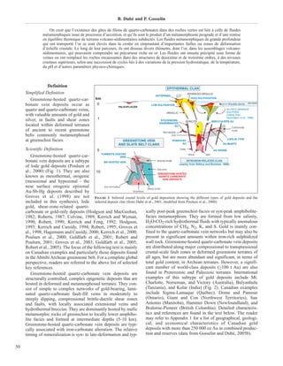 B. Dubé and P. Gosselin

                   On croit que l’existence des gîtes de filons de quartz-carbonates dans des roches vertes est liée à celle de fluides
               métamorphiques issus de processus d’accrétion, et qu’ils sont le produit d’un métamorphisme prograde et d’une remise
               en équilibre thermique de terrains volcano-sédimentaires subductés. Les fluides métamorphiques de grande profondeur
               qui ont transporté l’or se sont élevés dans la croûte en empruntant d’importantes failles ou zones de déformation
               d’échelle crustale. Le long de leur parcours, ils ont dissous divers éléments, dont l’or, dans les assemblages volcano-
               sédimentaires, qui pouvaient comprendre un précurseur riche en or. Les fluides ont ensuite précipité sous forme de
               veines ou ont remplacé les roches encaissantes dans des structures de deuxième et de troisième ordres, à des niveaux
               crustaux supérieurs, selon une succession de cycles liés à des variations de la pression hydrostatique, de la température,
               du pH et d’autres paramètres physico-chimiques.



                 Definition                                                                 EPITHERMAL CLAN
     Simplified Definition                                                                                 ADVANCED ARGILLIC
                                                                                    HOTSPRING
        Greenstone-hosted quartz-car-          km                                                            HIGH-SULPHIDATION
                                                                                                                                                       sea level
     bonate vein deposits occur as              0                                LOW SULFIDATION                                     Rhyolite dome
                                                             PALEOPLACER
     quartz and quartz-carbonate veins,                                                                                             AU-RICH MASSIVE
                                                                                                                                    SULPHIDE
                                                                                           ARGILLIC
     with valuable amounts of gold and                                                                                              (mainly from
                                                                                                                                    Hannington et al., 1999)
     silver, in faults and shear zones          1                                      STOCKWORK-      SERICITE           BRECCIA-PIPE AU
                                                                                      DISSEMINATED
     located within deformed terranes                                                           AU
                                                                                                                                        Carbonate
     of ancient to recent greenstone                                                     Permeable
                                                                                                                                        rocks
     belts commonly metamorphosed                                                              Unit
                                                                                                                                    CARLIN TYPE
     at greenschist facies.                                    GREENSTONE VEIN                  PORPHYRY
                                                             AND SLATE BELT CLANS                     AU                         AU MANTO

     Scientific Definition                    5                                                          Dyke                       AU SKARN
                                                 TURBIDITE-HOSTED                                              Stock          Vein
         Greenstone-hosted quartz-car-                           VEIN
     bonate vein deposits are a subtype            BIF-HOSTED VEIN
                                                                                         Wacke-shale          INTRUSION-RELATED CLAN
                                                                                                        (mainly from Sillitoe and Bonham, 1990)
     of lode gold deposits (Poulsen et
                                                                                         Volcanic
     al., 2000) (Fig. 1). They are also 10                                               GREENSTONE-HOSTED
     known as mesothermal, orogenic                                                       QUARTZ-CARBONATE
                                                                                             VEIN DEPOSITS
     (mesozonal and hypozonal - the
     near surface orogenic epizonal                Iron formation
                                                                                 Shear zone
     Au-Sb-Hg deposits described by                                   Granitoid

     Groves et al. (1998) are not FIGURE 1. Inferred crustal levels of gold deposition showing the different types of gold deposits and the
     included in this synthesis), lode inferred deposit clan (from Dubé et al., 2001; modified from Poulsen et al., 2000).
     gold, shear-zone-related quartz-
     carbonate or gold-only deposits (Hodgson and MacGeehan,                    ically post-peak greenschist-facies or syn-peak amphibolite-
     1982; Roberts, 1987; Colvine, 1989; Kerrich and Wyman,                     facies metamorphism. They are formed from low salinity,
     1990; Robert, 1990; Kerrich and Feng, 1992; Hodgson,                       H2O-CO2-rich hydrothermal fluids with typically anomalous
     1993; Kerrich and Cassidy, 1994; Robert, 1995; Groves et                   concentrations of CH4, N2, K, and S. Gold is mainly con-
     al., 1998; Hagemann and Cassidy, 2000; Kerrich et al., 2000;               fined to the quartz-carbonate vein networks but may also be
     Poulsen et al., 2000; Goldfarb et al., 2001; Robert and                    present in significant amounts within iron-rich sulphidized
     Poulsen, 2001; Groves et al., 2003; Goldfarb et al., 2005;                 wall rock. Greenstone-hosted quartz-carbonate vein deposits
     Robert et al., 2005). The focus of the following text is mainly            are distributed along major compressional to transpressional
     on Canadian examples and particularly those deposits found                 crustal-scale fault zones in deformed greenstone terranes of
     in the Abitibi Archean greenstone belt. For a complete global              all ages, but are more abundant and significant, in terms of
     perspective, readers are referred to the above list of selected            total gold content, in Archean terranes. However, a signifi-
     key references.                                                            cant number of world-class deposits (>100 t Au) are also
         Greenstone-hosted quartz-carbonate vein deposits are                   found in Proterozoic and Paleozoic terranes. International
     structurally controlled, complex epigenetic deposits that are              examples of this subtype of gold deposits include Mt.
     hosted in deformed and metamorphosed terranes. They con-                   Charlotte, Norseman, and Victory (Australia), Bulyanhulu
     sist of simple to complex networks of gold-bearing, lami-                  (Tanzania), and Kolar (India) (Fig. 2). Canadian examples
     nated quartz-carbonate fault-fill veins in moderately to                   include Sigma-Lamaque (Québec), Dome and Pamour
     steeply dipping, compressional brittle-ductile shear zones                 (Ontario), Giant and Con (Northwest Territories), San
     and faults, with locally associated extensional veins and                  Antonio (Manitoba), Hammer Down (Newfoundland), and
     hydrothermal breccias. They are dominantly hosted by mafic                 Bralorne-Pioneer (British Columbia). Detailed characteris-
     metamorphic rocks of greenschist to locally lower amphibo-                 tics and references are found in the text below. The reader
     lite facies and formed at intermediate depths (5-10 km).                   may refer to Appendix 1 for a list of geographical, geologi-
     Greenstone-hosted quartz-carbonate vein deposits are typi-                 cal, and economical characteristics of Canadian gold
     cally associated with iron-carbonate alteration. The relative              deposits with more than 250 000 oz Au in combined produc-
     timing of mineralization is syn- to late-deformation and typ-              tion and reserves (data from Gosselin and Dubé, 2005b).

50
 