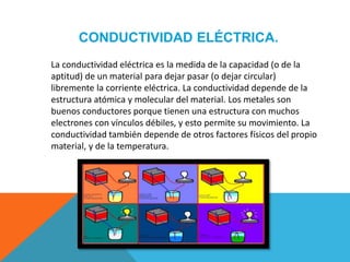 CONDUCTIVIDAD ELÉCTRICA.
La conductividad eléctrica es la medida de la capacidad (o de la
aptitud) de un material para dejar pasar (o dejar circular)
libremente la corriente eléctrica. La conductividad depende de la
estructura atómica y molecular del material. Los metales son
buenos conductores porque tienen una estructura con muchos
electrones con vínculos débiles, y esto permite su movimiento. La
conductividad también depende de otros factores físicos del propio
material, y de la temperatura.
 