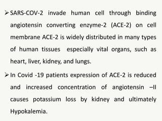 SARS-COV-2 invade human cell through binding
angiotensin converting enzyme-2 (ACE-2) on cell
membrane ACE-2 is widely distributed in many types
of human tissues especially vital organs, such as
heart, liver, kidney, and lungs.
In Covid -19 patients expression of ACE-2 is reduced
and increased concentration of angiotensin –II
causes potassium loss by kidney and ultimately
Hypokalemia.
 