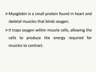 Myoglobin is a small protein found in heart and
skeletal muscles that binds oxygen.
It traps oxygen within muscle cells, allowing the
cells to produce the energy required for
muscles to contract.
 