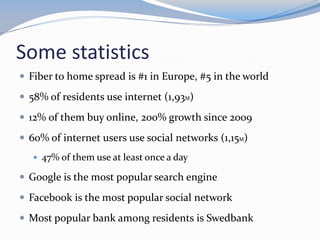 Some statistics
 Fiber to home spread is #1 in Europe, #5 in the world
 58% of residents use internet (1,93M)
 12% of them buy online, 200% growth since 2009
 60% of internet users use social networks (1,15M)
 47% of them use at least once a day
 Google is the most popular search engine
 Facebook is the most popular social network
 Most popular bank among residents is Swedbank
 