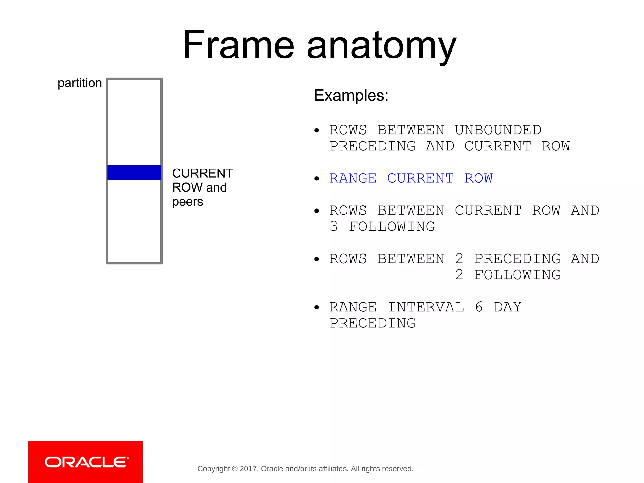 Copyright © 2017, Oracle and/or its affiliates. All rights reserved. |
partition
CURRENT
ROW and
peers
Frame anatomy
Examples:
● ROWS BETWEEN UNBOUNDED
PRECEDING AND CURRENT ROW
● RANGE CURRENT ROW
● ROWS BETWEEN CURRENT ROW AND
3 FOLLOWING
● ROWS BETWEEN 2 PRECEDING AND
2 FOLLOWING
● RANGE INTERVAL 6 DAY
PRECEDING
 