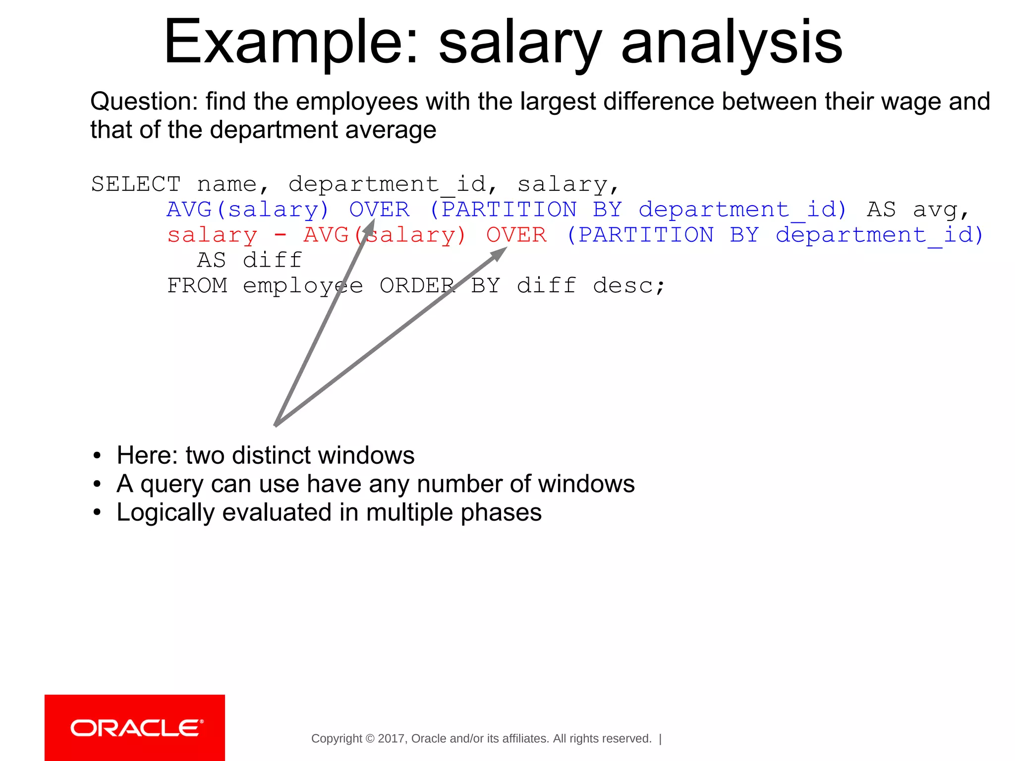 Copyright © 2017, Oracle and/or its affiliates. All rights reserved. |
Example: salary analysis
Question: find the employees with the largest difference between their wage and
that of the department average
SELECT name, department_id, salary,
AVG(salary) OVER (PARTITION BY department_id) AS avg,
salary - AVG(salary) OVER (PARTITION BY department_id)
AS diff
FROM employee ORDER BY diff desc;
● Here: two distinct windows
● A query can use have any number of windows
● Logically evaluated in multiple phases
 