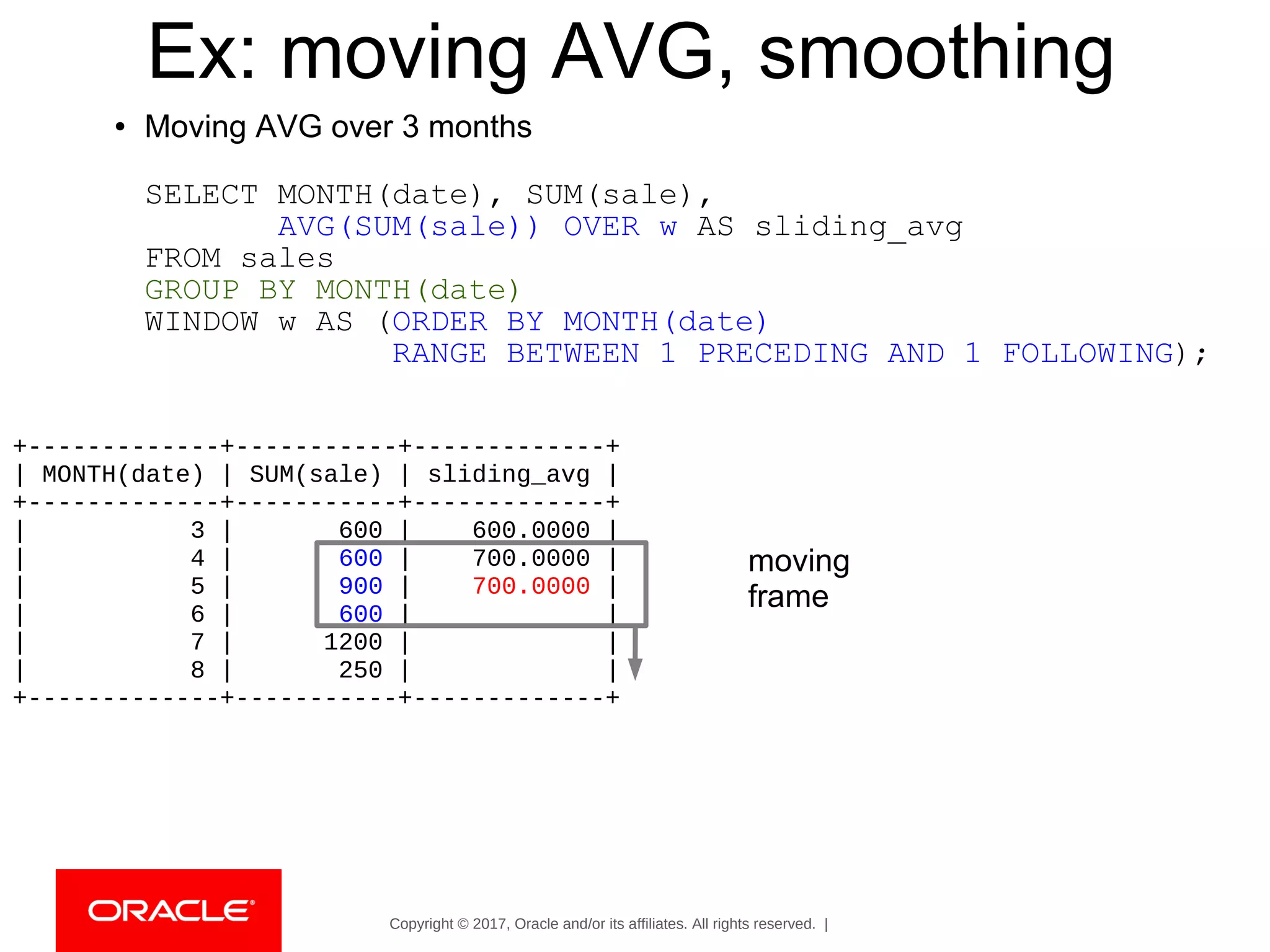 Copyright © 2017, Oracle and/or its affiliates. All rights reserved. |
Ex: moving AVG, smoothing
● Moving AVG over 3 months
SELECT MONTH(date), SUM(sale),
AVG(SUM(sale)) OVER w AS sliding_avg
FROM sales
GROUP BY MONTH(date)
WINDOW w AS (ORDER BY MONTH(date)
RANGE BETWEEN 1 PRECEDING AND 1 FOLLOWING);
+-------------+-----------+-------------+
| MONTH(date) | SUM(sale) | sliding_avg |
+-------------+-----------+-------------+
| 3 | 600 | 600.0000 |
| 4 | 600 | 700.0000 |
| 5 | 900 | 700.0000 |
| 6 | 600 | |
| 7 | 1200 | |
| 8 | 250 | |
+-------------+-----------+-------------+
moving
frame
 