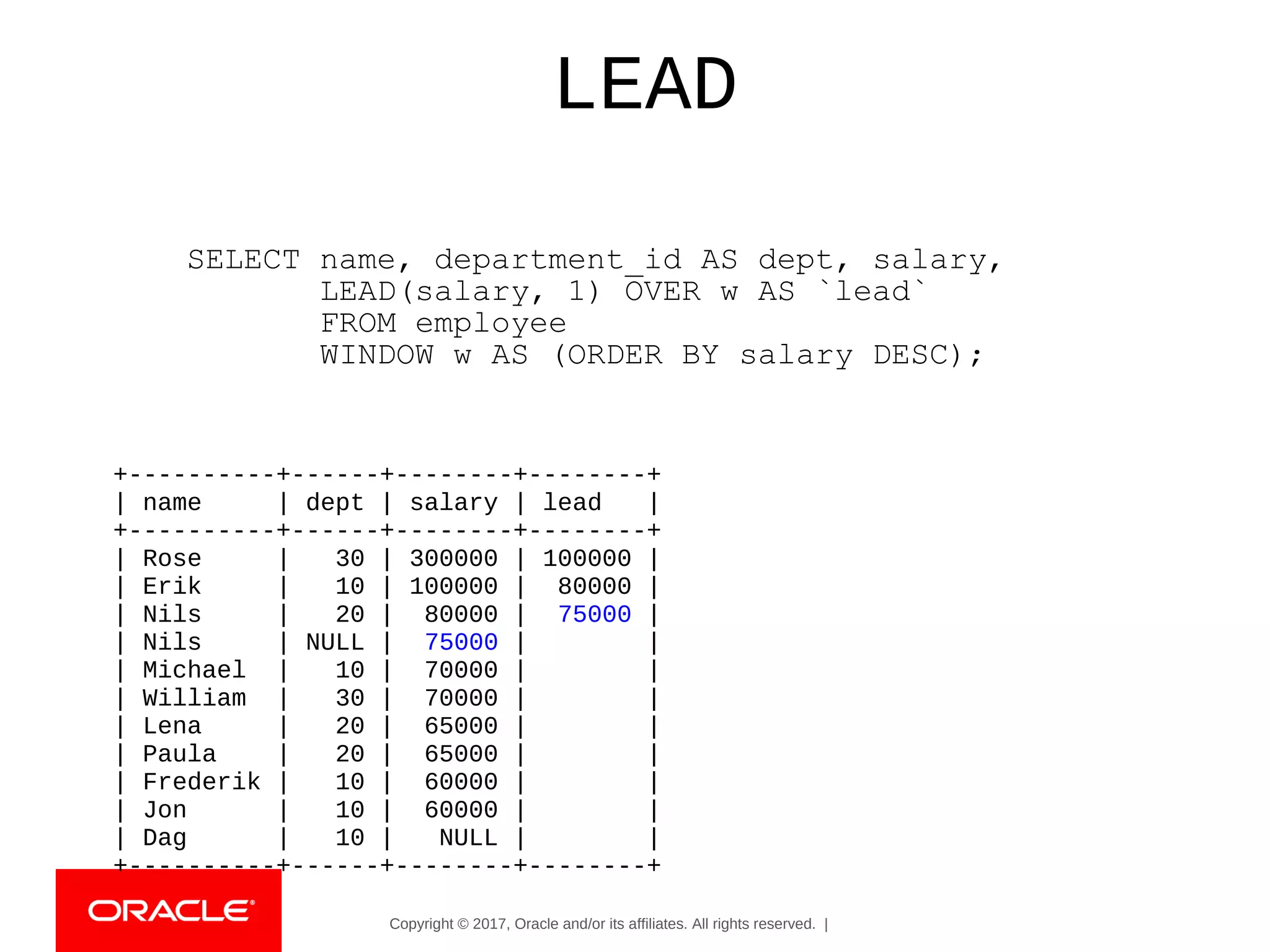 Copyright © 2017, Oracle and/or its affiliates. All rights reserved. |
LEAD
+----------+------+--------+--------+
| name | dept | salary | lead |
+----------+------+--------+--------+
| Rose | 30 | 300000 | 100000 |
| Erik | 10 | 100000 | 80000 |
| Nils | 20 | 80000 | 75000 |
| Nils | NULL | 75000 | |
| Michael | 10 | 70000 | |
| William | 30 | 70000 | |
| Lena | 20 | 65000 | |
| Paula | 20 | 65000 | |
| Frederik | 10 | 60000 | |
| Jon | 10 | 60000 | |
| Dag | 10 | NULL | |
+----------+------+--------+--------+
SELECT name, department_id AS dept, salary,
LEAD(salary, 1) OVER w AS `lead`
FROM employee
WINDOW w AS (ORDER BY salary DESC);
 