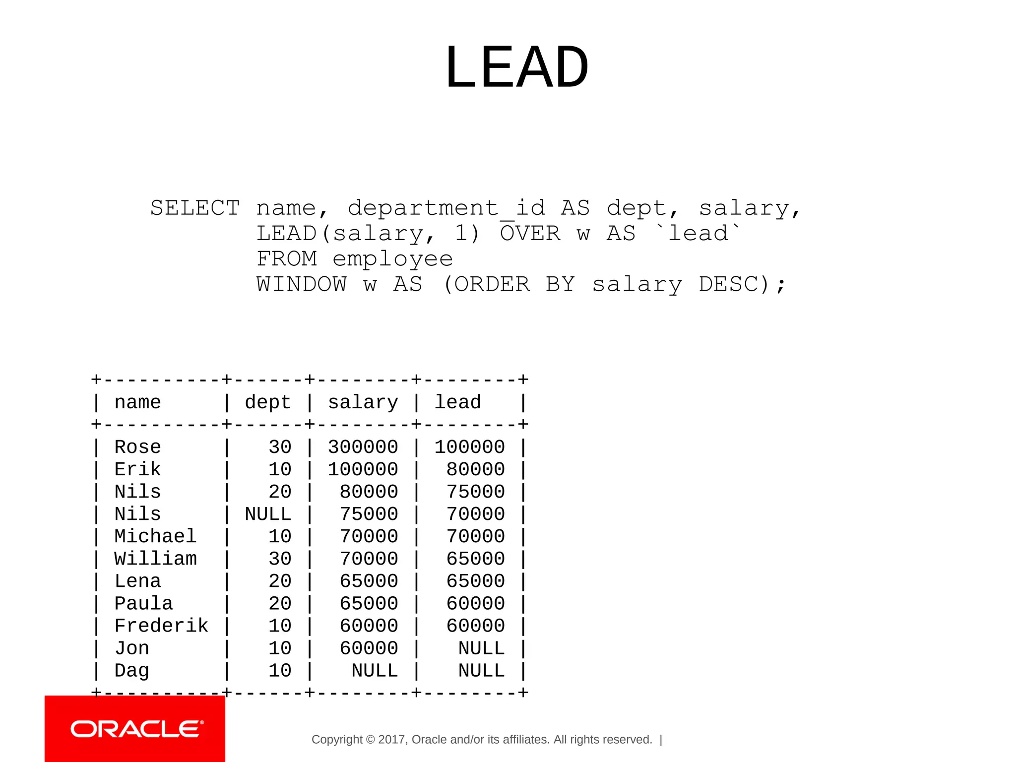 Copyright © 2017, Oracle and/or its affiliates. All rights reserved. |
LEAD
+----------+------+--------+--------+
| name | dept | salary | lead |
+----------+------+--------+--------+
| Rose | 30 | 300000 | 100000 |
| Erik | 10 | 100000 | 80000 |
| Nils | 20 | 80000 | 75000 |
| Nils | NULL | 75000 | 70000 |
| Michael | 10 | 70000 | 70000 |
| William | 30 | 70000 | 65000 |
| Lena | 20 | 65000 | 65000 |
| Paula | 20 | 65000 | 60000 |
| Frederik | 10 | 60000 | 60000 |
| Jon | 10 | 60000 | NULL |
| Dag | 10 | NULL | NULL |
+----------+------+--------+--------+
SELECT name, department_id AS dept, salary,
LEAD(salary, 1) OVER w AS `lead`
FROM employee
WINDOW w AS (ORDER BY salary DESC);
 