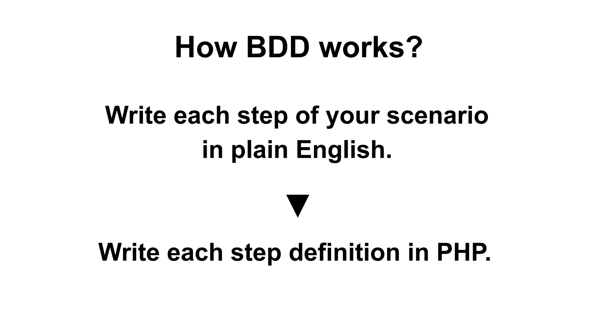 How BDD works? Write each step of your scenario in plain English. Write each step definition in PHP. ▼ 