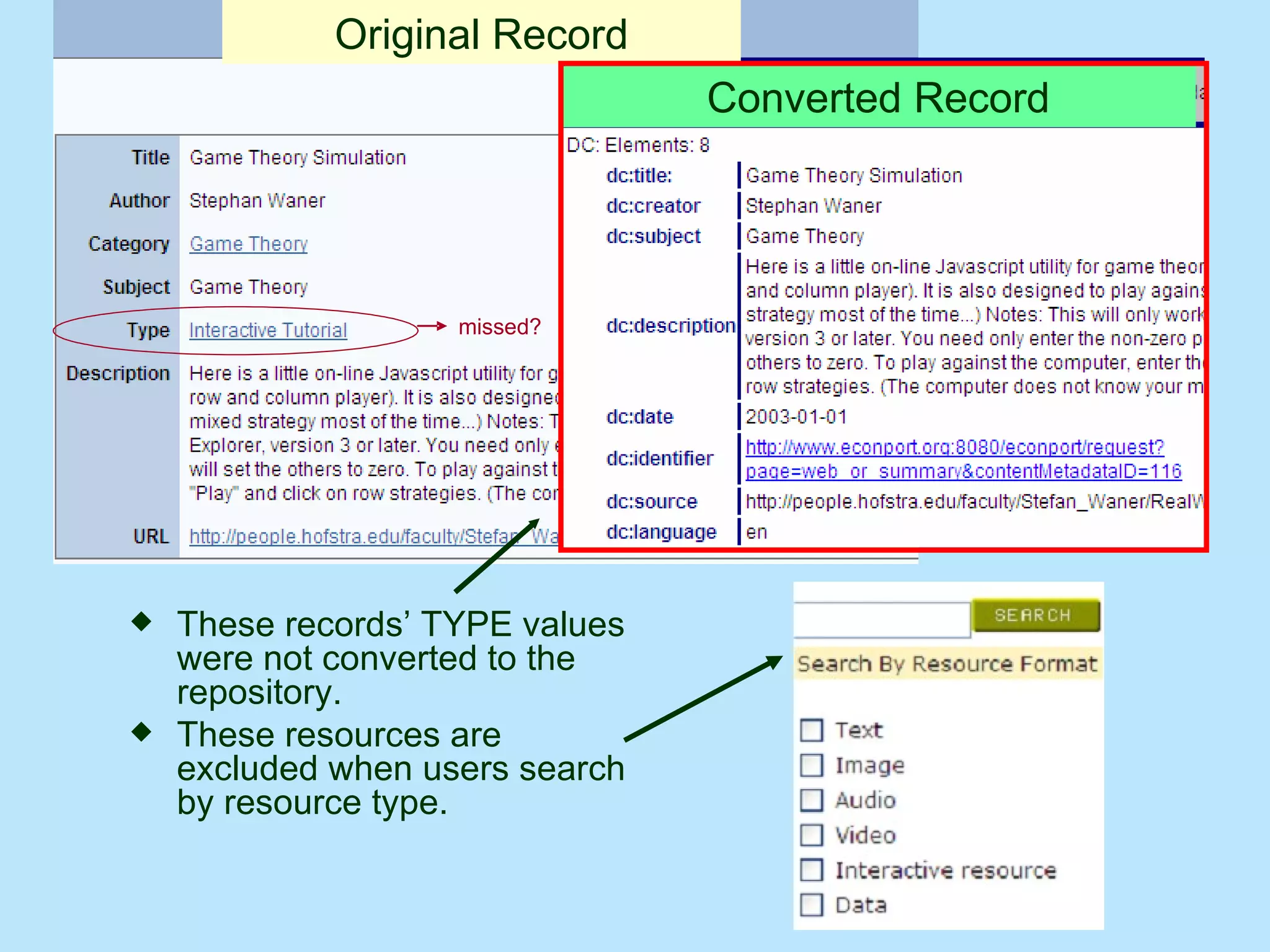 These records’ TYPE values were not converted to the repository.  These resources are excluded when users search by resource type. Original Record Converted Record 