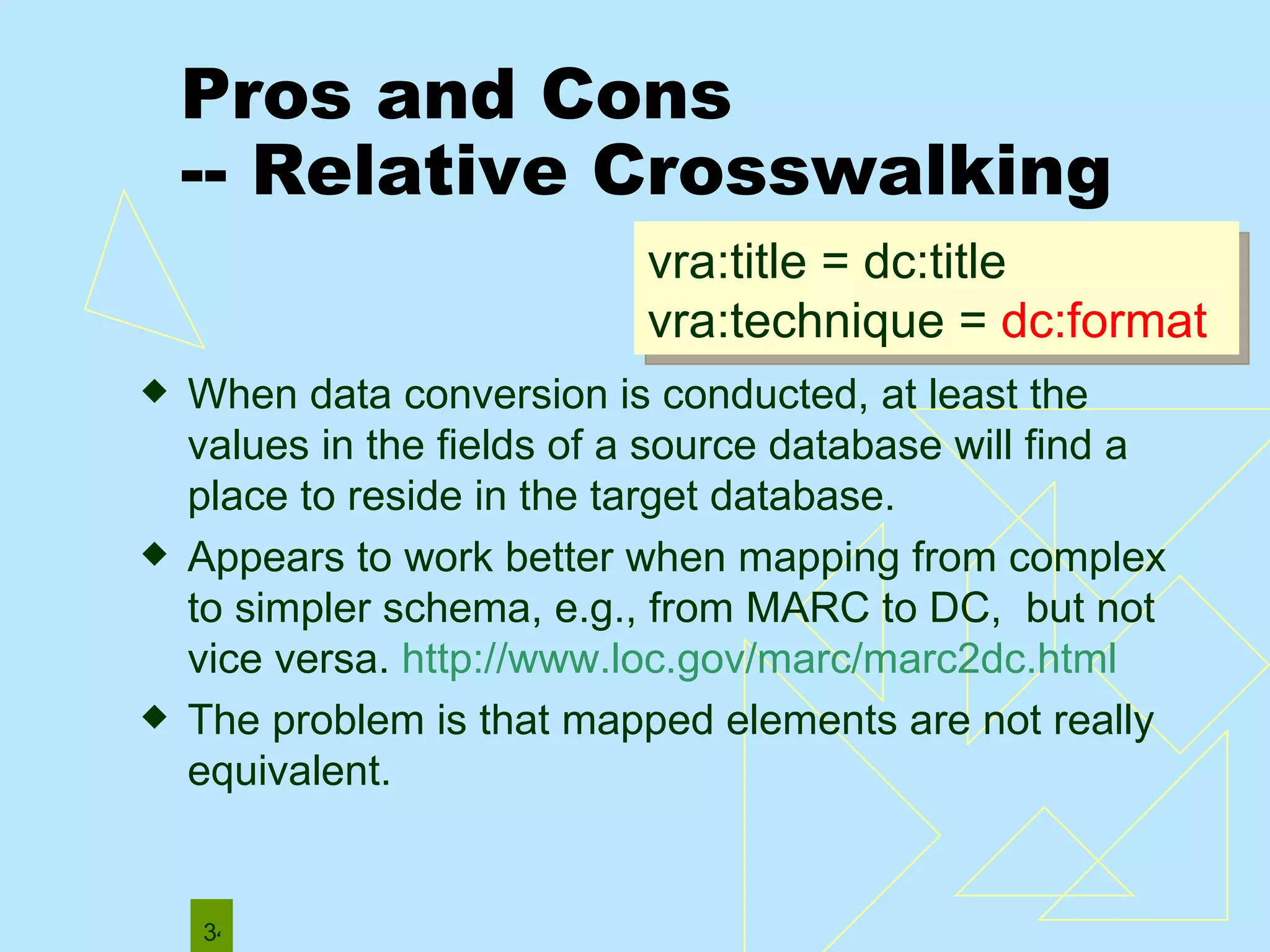 Pros and Cons  -- Relative Crosswalking When data conversion is conducted, at least the values in the fields of a source database will find a place to reside in the target database.  Appears to work better when mapping from complex to simpler schema, e.g., from MARC to DC,  but not vice versa.  http://www.loc.gov/marc/marc2dc.html The problem is that mapped elements are not really equivalent. vra:title = dc:title vra:technique =  dc:format 