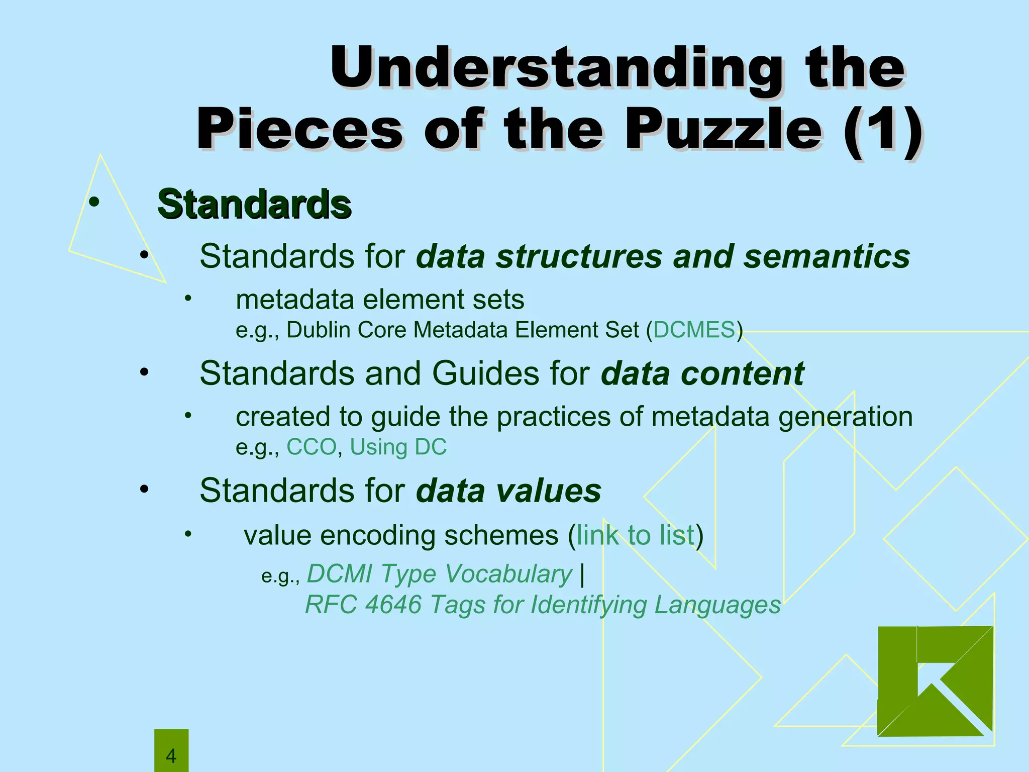 Standards   Standards for  data structures and   semantics   metadata element sets  e.g., Dublin Core Metadata Element Set ( DCMES )  Standards and Guides for  data   content   created to guide the practices of metadata generation  e.g.,  CCO ,  Using DC Standards for  data values   value encoding schemes ( link to list )  e.g.,  DCMI Type Vocabulary   |  RFC 4646 Tags for Identifying Languages   Understanding the  Pieces of the Puzzle (1) 