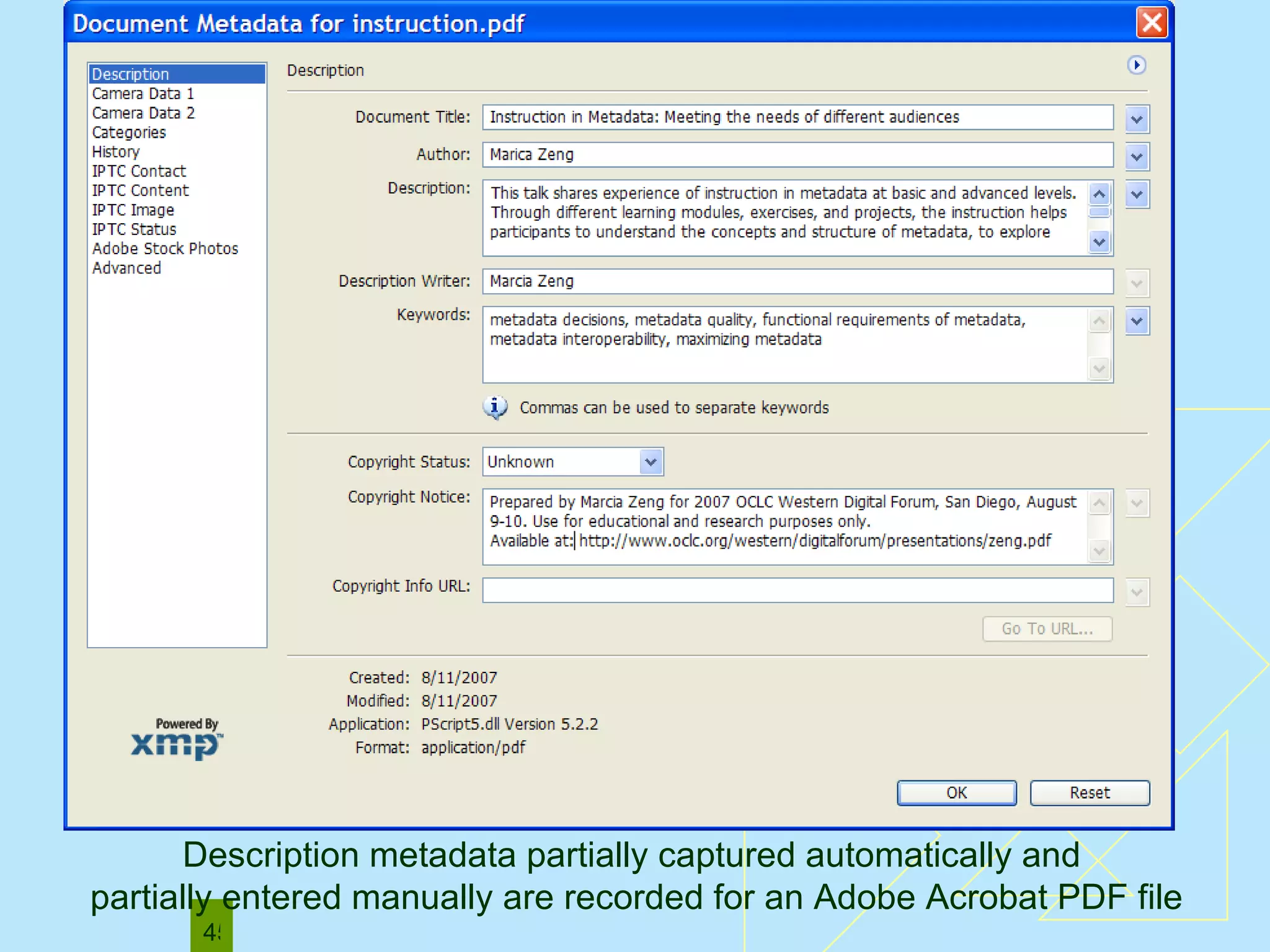 Description metadata partially captured automatically and  partially entered manually are recorded for an Adobe Acrobat PDF file 