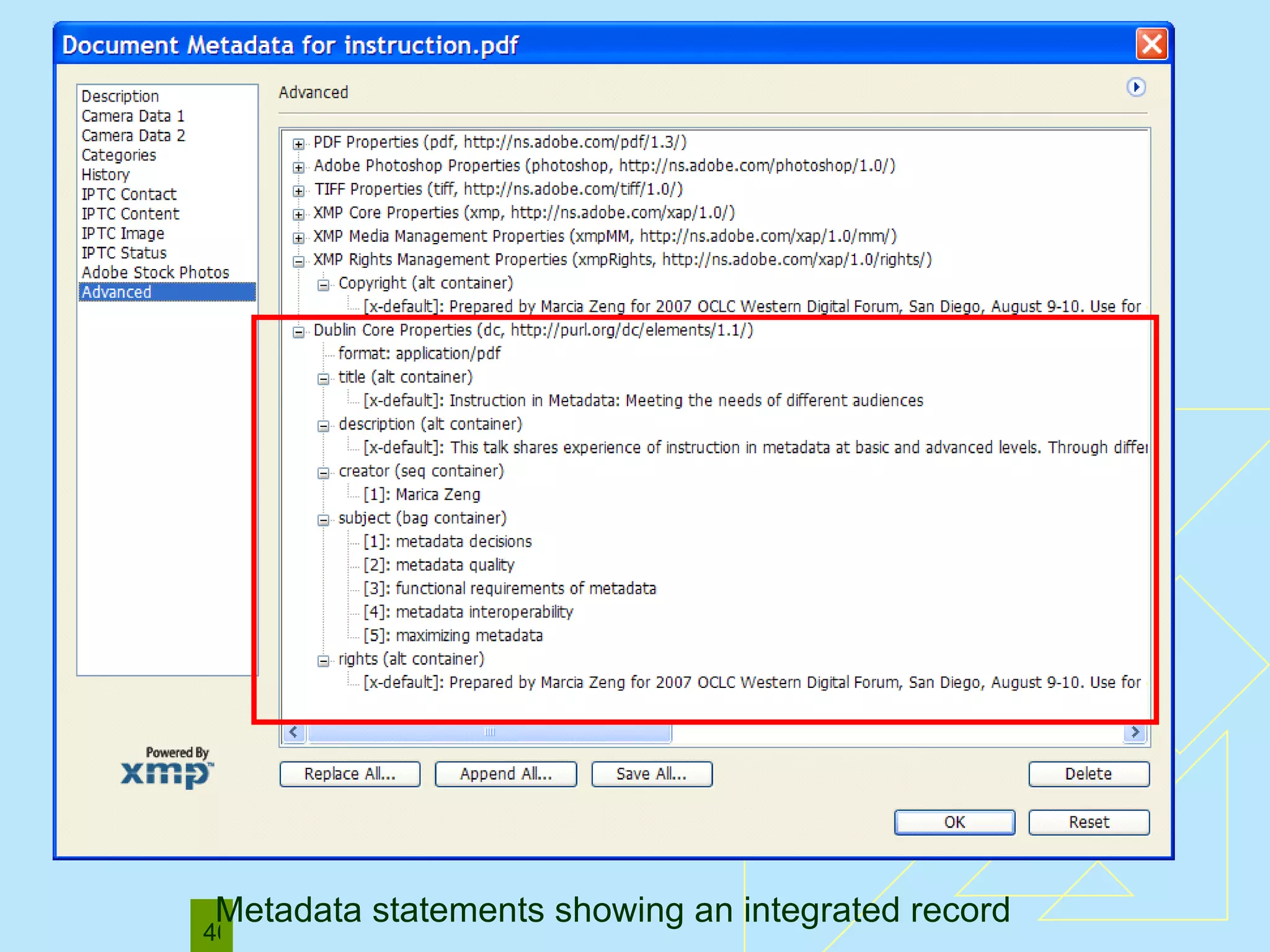 Metadata statements showing an integrated record  