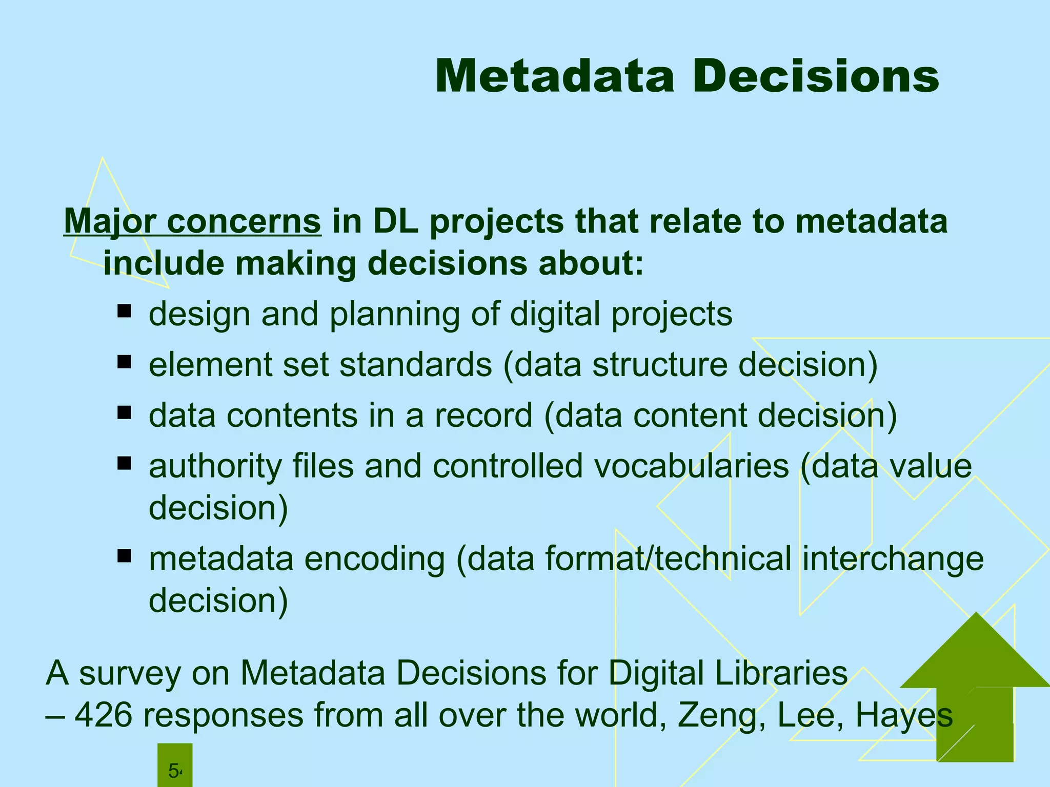 Metadata Decisions    Major concerns  in DL projects that relate to metadata include making decisions about: design and planning of digital projects element set standards (data structure decision)  data contents in a record (data content decision) authority files and controlled vocabularies (data value decision) metadata encoding (data format/technical interchange decision)  A survey on Metadata Decisions for Digital Libraries  – 426 responses from all over the world, Zeng, Lee, Hayes 