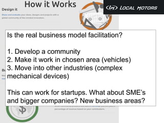 Is the real business model facilitation? 
1. Develop a community 
2. Make it work in chosen area (vehicles) 
3. Move into other industries (complex 
mechanical devices) 
This can work for startups. What about SME’s 
and bigger companies? New business areas? 
 