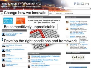 Change how we innovate 
Be competitively unpredictable 
Develop the right conditions and framework 
 