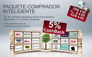 5% de cashback annual por todos los productos
adquiridos en el Centro Comercial
Una papeleta para el
sorteo mensual de DubLi
PAQUETE COMPRADOR
INTELIGENTE
5%CashBack
US$ 4.95€ 4.95AU$ 4.95
Permonth
 