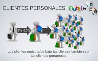 5% -25%
CLIENTES PERSONALES
Los clientes registrados bajo tus clientes también son
tus clientes personales
 