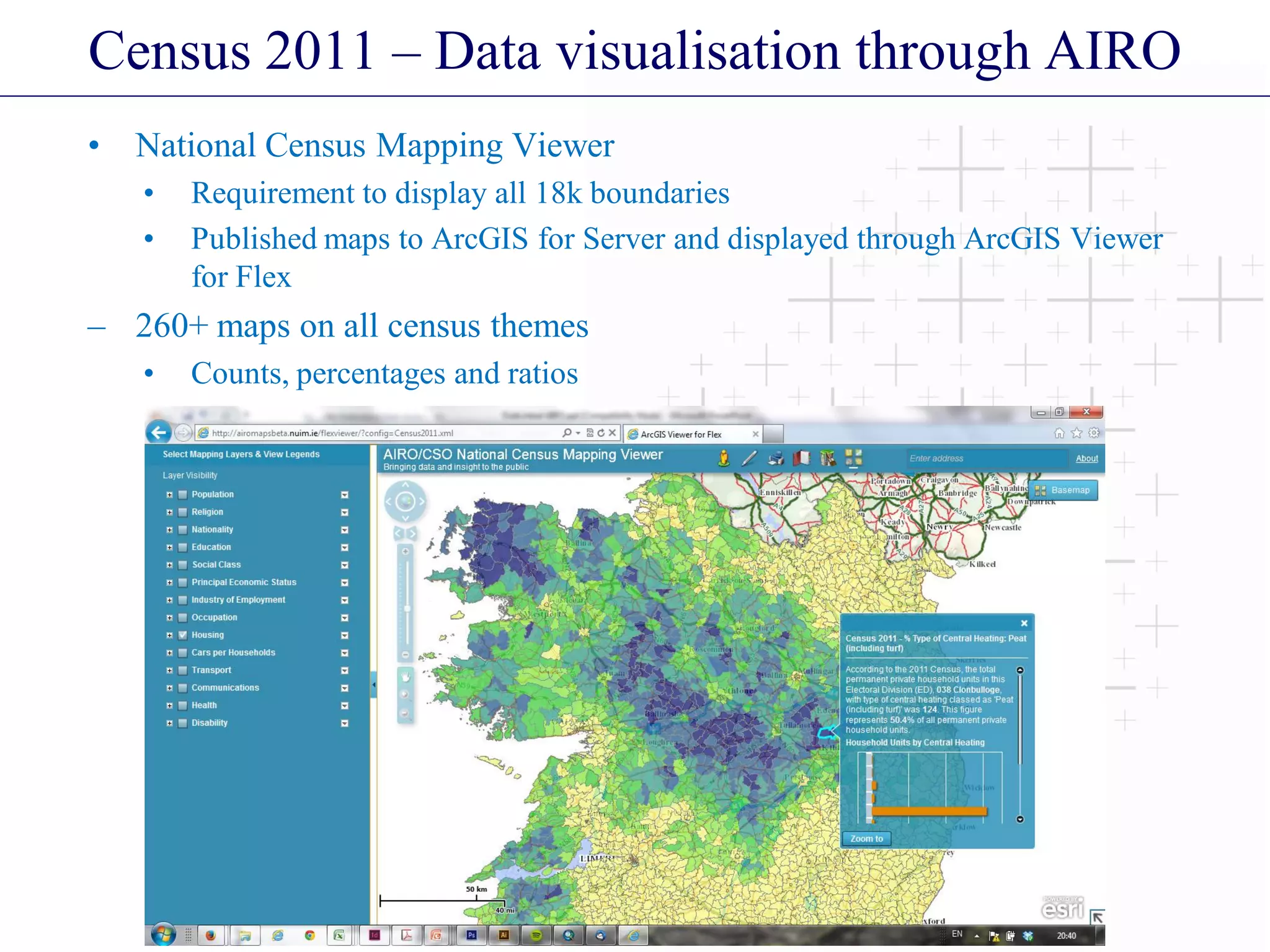 Census 2011 – Data visualisation through AIRO
• National Census Mapping Viewer
• Requirement to display all 18k boundaries
• Published maps to ArcGIS for Server and displayed through ArcGIS Viewer
for Flex
– 260+ maps on all census themes
• Counts, percentages and ratios
 