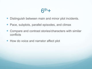 6th+
 Distinguish between main and minor plot incidents.
 Pace, subplots, parallel episodes, and climax
 Compare and contrast stories/characters with similar
  conflicts

 How do voice and narrator affect plot
 