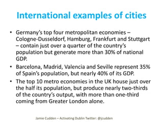 International examples of cities
• Germany’s top four metropolitan economies –
Cologne-Dusseldorf, Hamburg, Frankfurt and Stuttgart
– contain just over a quarter of the country’s
population but generate more than 30% of national
GDP.
• Barcelona, Madrid, Valencia and Seville represent 35%
of Spain’s population, but nearly 40% of its GDP.
• The top 10 metro economies in the UK house just over
the half its population, but produce nearly two-thirds
of the country’s output, with more than one-third
coming from Greater London alone.
Jamie Cudden – Activating Dublin Twitter: @jcudden

 