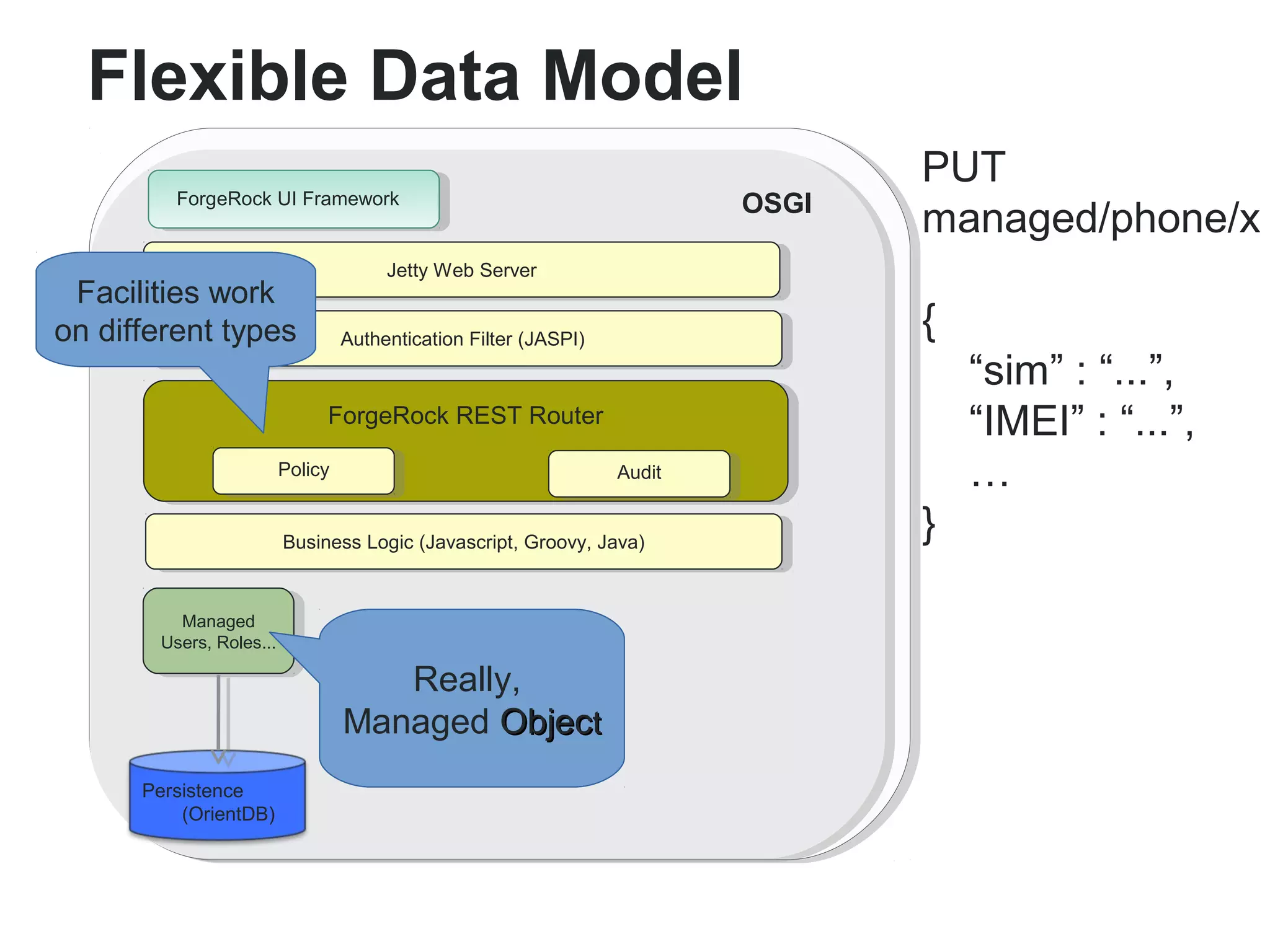 Flexible Data Model 
OSG                                                                          OSGII 
FFoorgrgeeRRoockc kU UI IF Frarammeewwoorkrk 
Managed 
Users, Roles... 
Persistence 
(OrientDB) 
JeJetttyt yW Weebb S Seervrever r 
AAuuththeenntictiacatiotionn F Filtielter r( J(AJASSPPI)I) 
FFoorgrgeeRRoocckk R REESSTT R Roouuteterr 
PPoolicliycy AAuudditit 
BBuusisnineesss sL Looggici c( J(aJavavascsrcirpipt,t ,G Grorooovyv,y ,J aJavava) ) 
Managed 
Users, Roles... 
Really, 
Managed OObbjjeecctt 
PUT 
managed/phone/x 
{ 
“sim” : “...”, 
“IMEI” : “...”, 
… 
} 
Facilities work 
on different types 
 