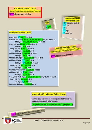 Vente Tournai-Kain Janvier 2021
Page 2/4
Quelques résultats 2019
Pont 98 Y: 1er
, 15, 17, 26 de 8
Ecouen 285 Vx : 6, 20, 25, 26, 40, 43, 44, 52, 88, 90, 92 de 16
225 Ygls : 9, 19, 21, 28, 29, 30, 64 de 10
Pont 163 Vx : 25, 26, 27, 31, 40 de 7
218 Ygls : 5, 24 de 4
Toury 290 Vx : 4, 59, 83, 93 de 8
158 Ygls : 16, 19, 30 de 4
Orléans 168 Vx : 17, 29, 35, 47 de 4
146 Ygls : 3, 6, 7, de 3
Orléans 241 Ygls : 15, 23, 24, 42, 66, 74 de 8
Orléans 100 Vx : 1er
, 16, 27 de 4
218 Ygls : 1er
2, 12, 44, 50 de 5
Toury 154 Vx : 22, 23, 25, 34 de 5
220 Ygls : 13, 40 de 3
Châteauroux 619 Vx : 22, 23, 25, 34 de 5
Orléans 103 Vx : 2, 18, 35 de 5
160 Ygls : 27, 34, 52 de 3
Toury 173 Vx & Ygls :4, 7, 8, 9, 15, 16, 30, 36, 40, 41, 53 de 12
Toury 59 Vx : 13, 18, 19 de 4
62 Ygls : 3, 5, 21 de 6
Issoudun 289 Ygls : 14, 61, 83 de 4
Jeunes 2019 Vitesse / demi-fond
Comme pour les vieux et yearlings, Michel réalise un
gros pourcentage de prix/ enlogés
117 prix au total dont plusieurs 1er
(Noyon, …)
CHAMPIONNAT 2020
Demi-fond Kain-Molenbaix-Tournai
3ème
classement général
 