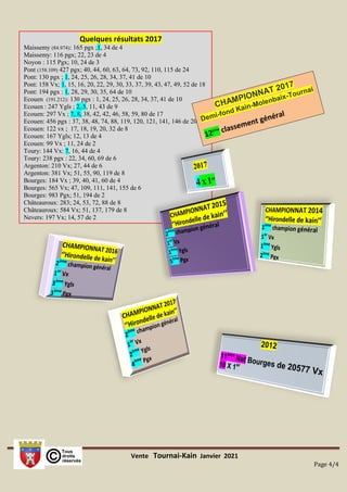 Vente Tournai-Kain Janvier 2021
Page 4/4
Quelques résultats 2017
Maissemy (84.974): 165 pgx ;1, 34 de 4
Maissemy: 116 pgx; 22, 23 de 4
Noyon : 115 Pgx; 10, 24 de 3
Pont (158.109) 427 pgx; 40, 44, 60, 63, 64, 73, 92, 110, 115 de 24
Pont: 130 pgx ; 1, 24, 25, 26, 28, 34, 37, 41 de 10
Pont: 158 Vx; 1, 15, 16, 20, 22, 29, 30, 33, 37, 39, 43, 47, 49, 52 de 18
Pont: 194 pgx : 1, 28, 29, 30, 35, 64 de 10
Ecouen (191.212): 130 pgx : 1, 24, 25, 26, 28, 34, 37, 41 de 10
Ecouen : 247 Ygls ; 2, 5, 11, 43 de 9
Ecouen: 297 Vx ; 7, 8, 38, 42, 42, 46, 58, 59, 80 de 17
Ecouen: 456 pgx : 37, 38, 48, 74, 88, 119, 120, 121, 141, 146 de 20
Ecouen: 122 vx ; 17, 18, 19, 20, 32 de 8
Ecouen: 167 Ygls; 12, 13 de 4
Ecouen: 99 Vx ; 11, 24 de 2
Toury: 144 Vx: 7, 16, 44 de 4
Toury: 238 pgx : 22, 34, 60, 69 de 6
Argenton: 210 Vx; 27, 44 de 6
Argenton: 381 Vx; 51, 55, 90, 119 de 8
Bourges: 184 Vx ; 39, 40, 41, 60 de 4
Bourges: 565 Vx; 47, 109, 111, 141, 155 de 6
Bourges: 983 Pgx; 51, 194 de 2
Châteauroux: 283; 24, 53, 72, 88 de 8
Châteauroux: 584 Vx; 51, 137, 179 de 8
Nevers: 197 Vx; 14, 57 de 2
 