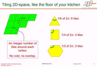MRS Brazil 2014 
Tiling 2D-space, like the floor of your kitchen 
An integer number of tiles around each vertex: 
No void,...