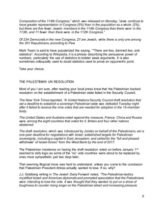 5
Composition of the 114th Congress,” which was released on Monday, “Jews continue to
have greater representation in Congress (5%) than in the population as a whole (2%),
but there are five fewer Jewish members in the 114th Congress than there were in the
113th, and 11 fewer than there were in the 112th Congress.”
Of 234 Democrats in the new Congress, 27 are Jewish, while there is only one among
the 301 Republicans, according to Pew.
Mark Twain is said to have popularized the saying, “"There are lies, damned lies, and
statistics". According to Wikipedia, it is a phrase describing the persuasive power of
numbers, particularly the use of statistics to bolster weak arguments. It is also
sometimes colloquially used to doubt statistics used to prove an opponent's point.
Take your choice.
THE PALESTINIAN UN RESOLUTION
Most of you I am sure, after reading your local press know that the Palestinian backed
resolution on the establishment of a Palestinian state failed in the Security Council.
The New York Times reported, “A United Nations Security Council draft resolution that
set a deadline to establish a sovereign Palestinian state was defeated Tuesday night
after it failed to receive the nine votes that are needed for adoption in the 15-member
body.
The United States and Australia voted against the measure. France, China and Russia
were among the eight countries that voted for it. Britain and four other nations
abstained.
The draft resolution, which was introduced by Jordan on behalf of the Palestinians, set a
one-year deadline for negotiations with Israel; established targets for Palestinian
sovereignty, including a capital in East Jerusalem; and called for the “full and phased
withdrawal of Israeli forces” from the West Bank by the end of 2017.
The Palestinian insistence on having the draft resolution voted on before January 1st
seemed to defy logic as some of the “no” vote countries were about to be replaced by
ones more sympathetic just two days later.
That seeming illogical move was hard to understand unless you come to the conclusion
that Palestinian President Abbas actually wanted to lose. If so, why?
J.J. Goldberg writing in The Jewish Daily Forward noted, “The Palestinian tactics
mystified Israeli and American diplomats and prompted speculation that the Palestinians
were intending to lose the vote. It was thought that they wanted to put on a show of
toughness to counter rising anger on the Palestinian street and increasing pressure
 