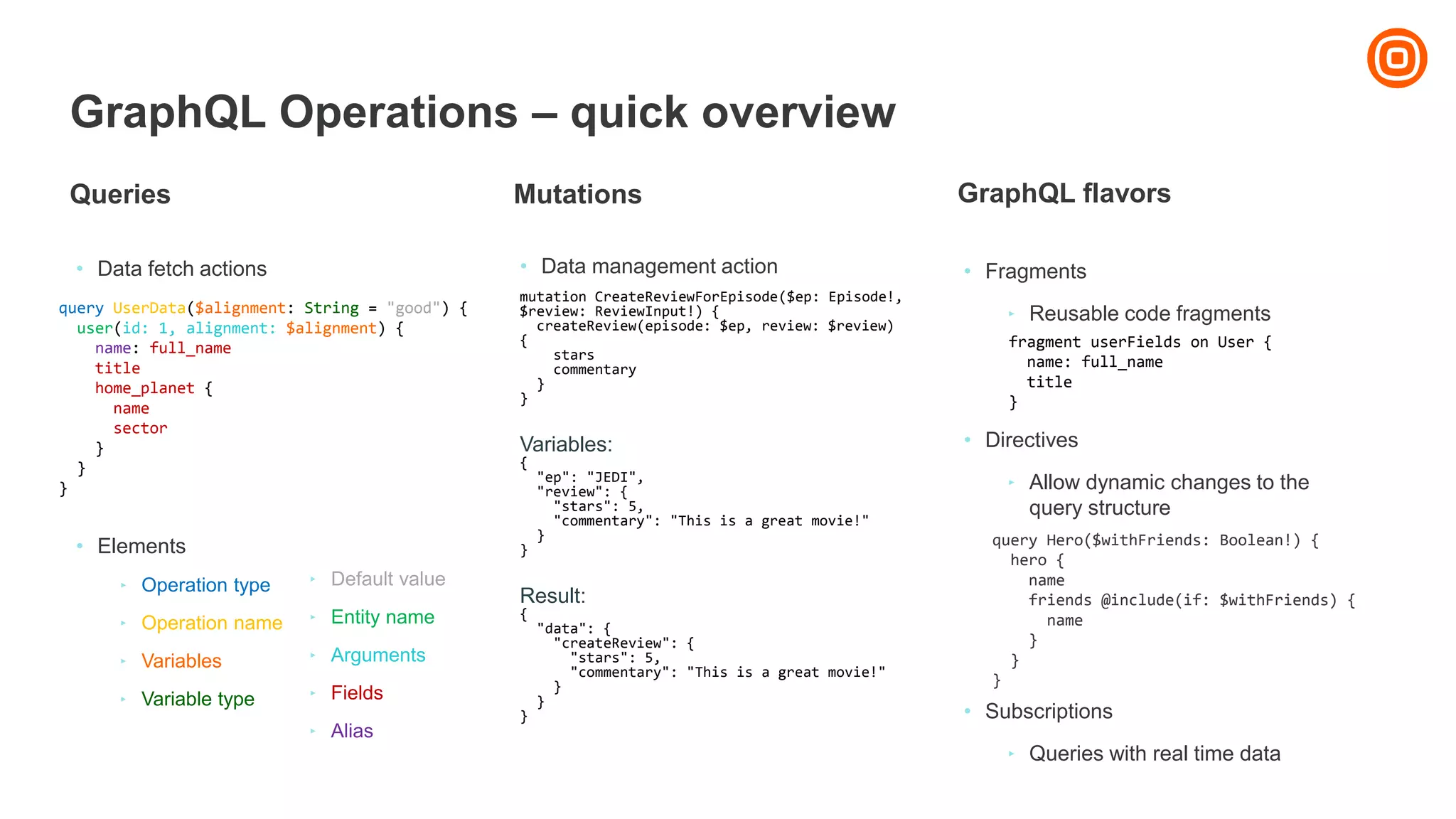 GraphQL Operations – quick overview
Mutations
• Fragments
‣ Reusable code fragments
• Directives
‣ Allow dynamic changes to the
query structure
GraphQL flavors
• Data management action
mutation CreateReviewForEpisode($ep: Episode!,
$review: ReviewInput!) {
createReview(episode: $ep, review: $review)
{
stars
commentary
}
}
Variables:
{
"ep": "JEDI",
"review": {
"stars": 5,
"commentary": "This is a great movie!"
}
}
Result:
{
"data": {
"createReview": {
"stars": 5,
"commentary": "This is a great movie!"
}
}
}
Queries
• Data fetch actions
• Elements
‣ Operation type
‣ Operation name
‣ Variables
‣ Variable type
query UserData($alignment: String = "good") {
user(id: 1, alignment: $alignment) {
name: full_name
title
home_planet {
name
sector
}
}
}
‣ Default value
‣ Entity name
‣ Arguments
‣ Fields
‣ Alias
fragment userFields on User {
name: full_name
title
}
query Hero($withFriends: Boolean!) {
hero {
name
friends @include(if: $withFriends) {
name
}
}
}
• Subscriptions
‣ Queries with real time data
 