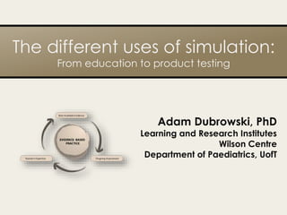 The different uses of simulation:
From education to product testing
Adam Dubrowski, PhD
Learning and Research Institutes
Wilson Centre
Department of Paediatrics, UofT
 