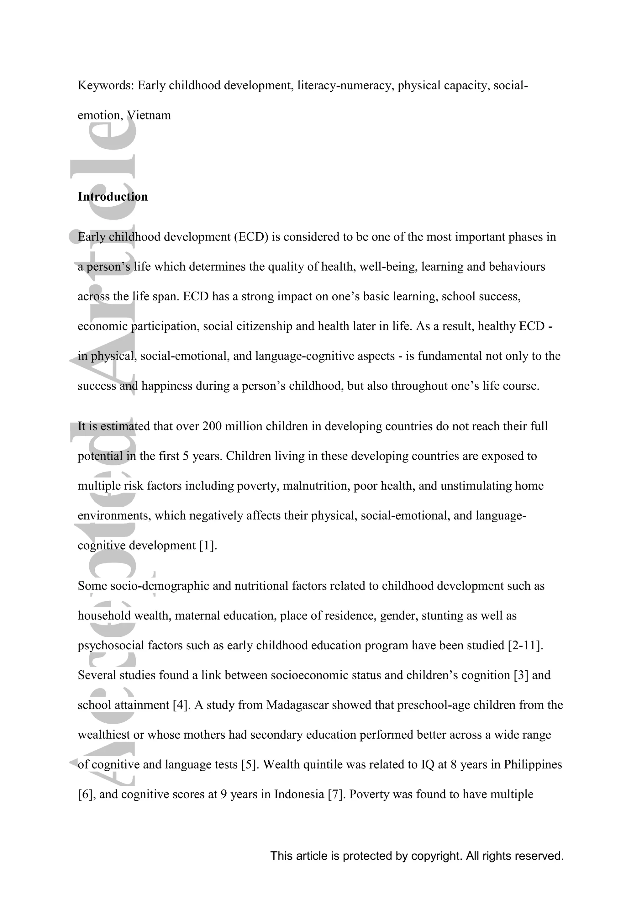 Developmental risk factors in Vietnamese preschool-age children: Cross ...