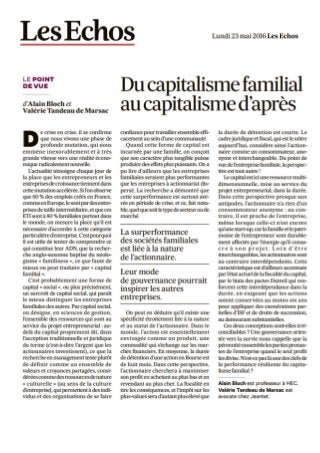 Tribune Les Echos - Du capitalisme familial au capitalisme d'apres