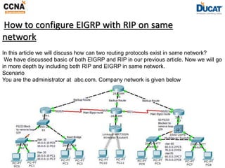 How to configure EIGRP with RIP on same
network
In this article we will discuss how can two routing protocols exist in same network?
We have discussed basic of both EIGRP and RIP in our previous article. Now we will go
in more depth by including both RIP and EIGRP in same network.
Scenario
You are the administrator at abc.com. Company network is given below
 