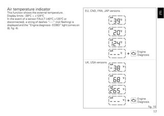 17
E
Air temperature indicator
This function shows the external temperature.
Display limits: -39°C ÷ +124°C
In the event of a sensor FAULT (-40°C,+125°C or
disconnected), a string of dashes “- - -“ (not flashing) is
displayed and the “Engine diagnosis - EOBD“ light comes on
(8, fig. 4).
fig. 10
Engine
Diagnosis
Engine
Diagnosis
EU, CND, FRA, JAP versions
UK, USA versions
 