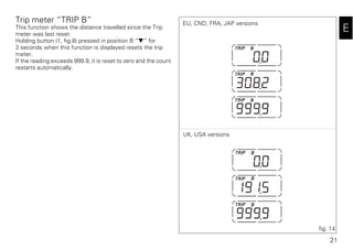 21
E
Trip meter “TRIP B”
This function shows the distance travelled since the Trip
meter was last reset.
Holding button (1, fig.8) pressed in position B “▼“ for
3 seconds when this function is displayed resets the trip
meter.
If the reading exceeds 999.9, it is reset to zero and the count
restarts automatically.
fig. 14
EU, CND, FRA, JAP versions
UK, USA versions
 