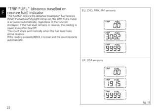 22
E
“TRIP FUEL” (distance travelled on
reserve fuel) indicator
This function shows the distance travelled on fuel reserve.
When the fuel warning light comes on, the TRIP FUEL meter
is activated automatically, regardless of the function
displayed. If the fuel level remains in reserve, the reading is
saved even after Key-Off.
The count stops automatically when the fuel level rises
above reserve.
If the reading exceeds 999.9, it is reset and the count restarts
automatically.
fig. 15
EU, CND, FRA, JAP versions
UK, USA versions
 