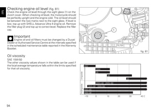 94
E
Checking engine oil level (fig. 81)
Check the engine oil level through the sight glass (1) on the
clutch cover. When checking oil level, the motorcycle should
be perfectly upright and the engine cold. The oil level should
be between the two marks next to the sight glass. If level is
low, top up with SHELL Advance Ultra 4 engine oil. Remove
the filler plug (2) and top up to correct level. Replace the filler
cap.
Important
Engine oil and oil filters must be changed by a Ducati
Dealer or Authorised Service Centre at the intervals specified
in the scheduled maintenance table reported in the Warranty
Booklet.
Oil viscosity
SAE 15W-50
The other viscosity values shown in the table can be used if
the local average temperature falls within the limits specified
for that oil viscosity.
21
fig. 81
–10
UnigradeMultigrade
0 10 20 30 40 C
40
20W–40 20W–50
15W–40 15W–50
10W–40
10W–30
10W
20W
20
30
 