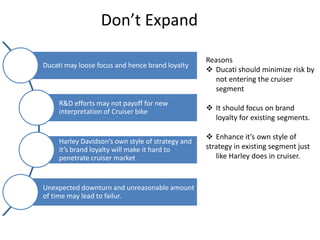 Don’t Expand

                                                   Reasons
Ducati may loose focus and hence brand loyalty
                                                    Ducati should minimize risk by
                                                     not entering the cruiser
                                                     segment
     R&D efforts may not payoff for new
     interpretation of Cruiser bike                 It should focus on brand
                                                     loyalty for existing segments.

                                                    Enhance it’s own style of
     Harley Davidson’s own style of strategy and
     it’s brand loyalty will make it hard to       strategy in existing segment just
     penetrate cruiser market                         like Harley does in cruiser.


Unexpected downturn and unreasonable amount
of time may lead to failur.
 