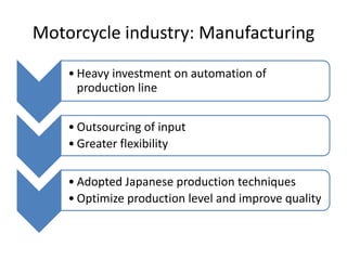 Motorcycle industry: Manufacturing

    • Heavy investment on automation of
      production line


    • Outsourcing of input
    • Greater flexibility

    • Adopted Japanese production techniques
    • Optimize production level and improve quality
 