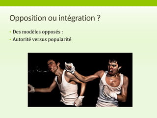 Opposition ou intégration ?
• Des modèles opposés :
• Autorité versus popularité
 
