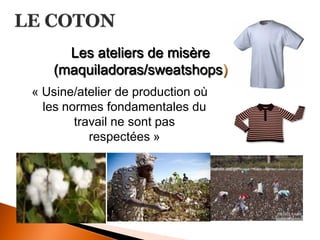 « Usine/atelier de production où les normes fondamentales du travail ne sont pas respectées » 
Les ateliers de misère 
(maquiladoras/sweatshops)  