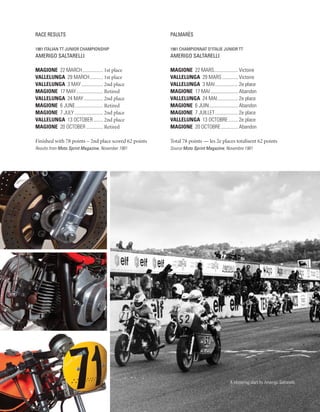 Race Results                                           Palmarès

1981 Italian TT Junior Championship                    1981 Championnat d’Italie Junior TT
Amerigo Saltarelli                                     Amerigo Saltarelli

Magione 22 March.................. 1st place           Magione 22 mars.................... Victoire
Vallelunga 29 March............ 1st place              Vallelunga 29 mars.............. Victoire
Vallelunga 3 May................... 2nd place          Vallelunga 3 mai.................... 2e place
Magione 17 May....................... Retired          Magione 17 mai........................ Abandon
Vallelunga 24 May................. 2nd place           Vallelunga 24 mai.................. 2e place
Magione 6 June........................ Retired         Magione 6 juin......................... Abandon
Magione 7 July......................... 2nd place      Magione 7 juillet.................... 2e place
Vallelunga 13 October......... 2nd place               Vallelunga 13 octobre......... 2e place
Magione 20 October............... Retired              Magione 20 octobre............... Abandon

Finished with 78 points – 2nd place scored 62 points   Total 78 points — les 2e places totalisent 62 points
Results from Moto Sprint Magazine, November 1981       Source Moto Sprint Magazine, Novembre 1981




                                                                                       A blistering start by Amerigo Saltarelli.
 
