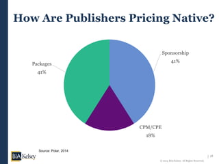 18
© 2014 BIA/Kelsey. All Rights Reserved.
How Are Publishers Pricing Native?
Sponsorship
41%
CPM/CPE
18%
Packages
41%
Source: Polar, 2014
 